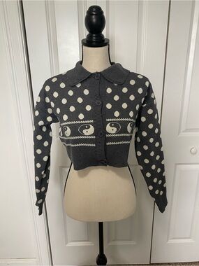 Daisy Street Simone Polka Dot Crop Cardigan with Yin Yang Motif